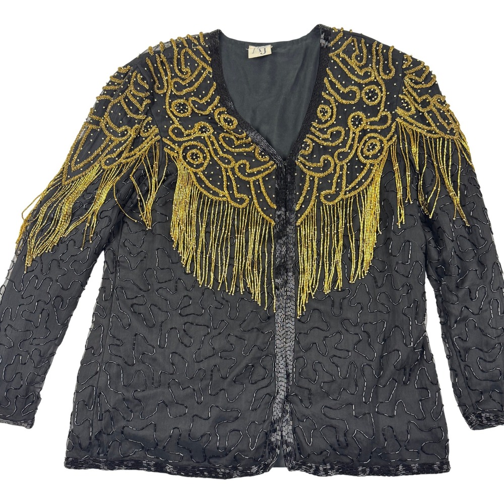 VTG AJ Valenci Silk Beaded Fringe Jacket Women Med Black Gold Formal Evening Top